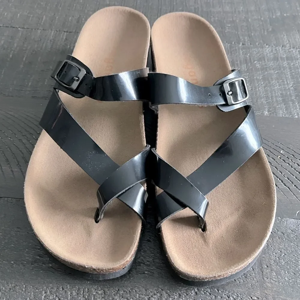 VeganBio Black Toe Loop Sandals Women 7.5 Comfort Cork Footbed Birkenstock Style